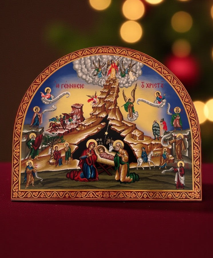 Η Γέννηση του Χριστού - Ξύλινη εικόνα λιθογραφίας με χρυσό φόντο - Άγιο Όρος