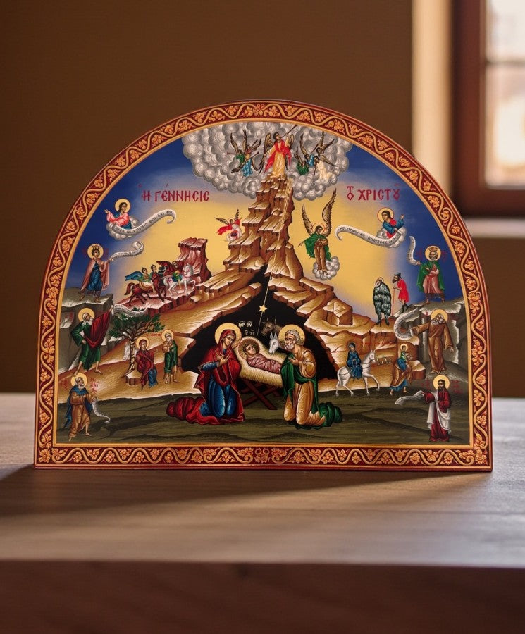 Η Γέννηση του Χριστού - Ξύλινη εικόνα λιθογραφίας με χρυσό φόντο - Άγιο Όρος