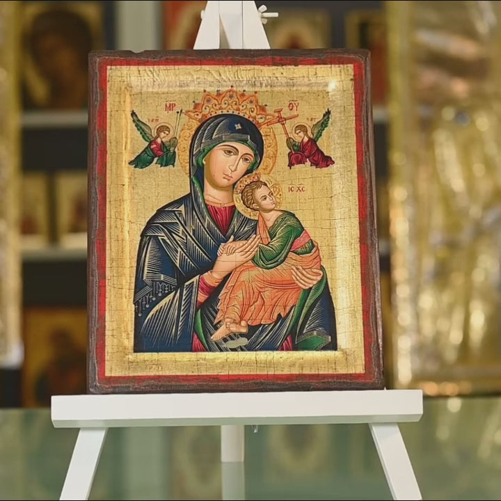 Παναγία Διαρκούς Βοηθείας  - Ένσκαφτη ξύλινη παλαιωμένη εικόνα σε καμβά με χρυσό φόντο - Άγιο Όρος