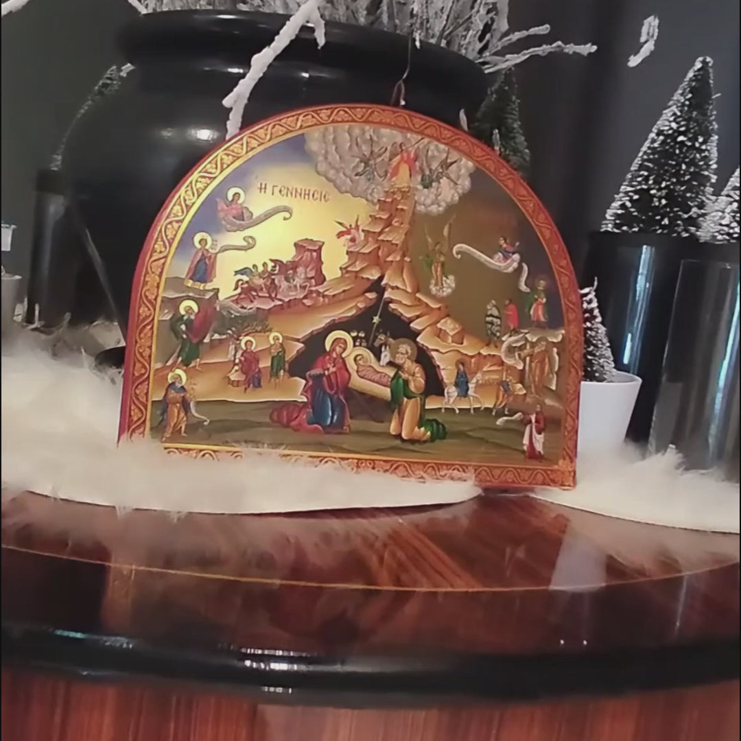 Η Γέννηση του Χριστού - Ξύλινη εικόνα λιθογραφίας με χρυσό φόντο