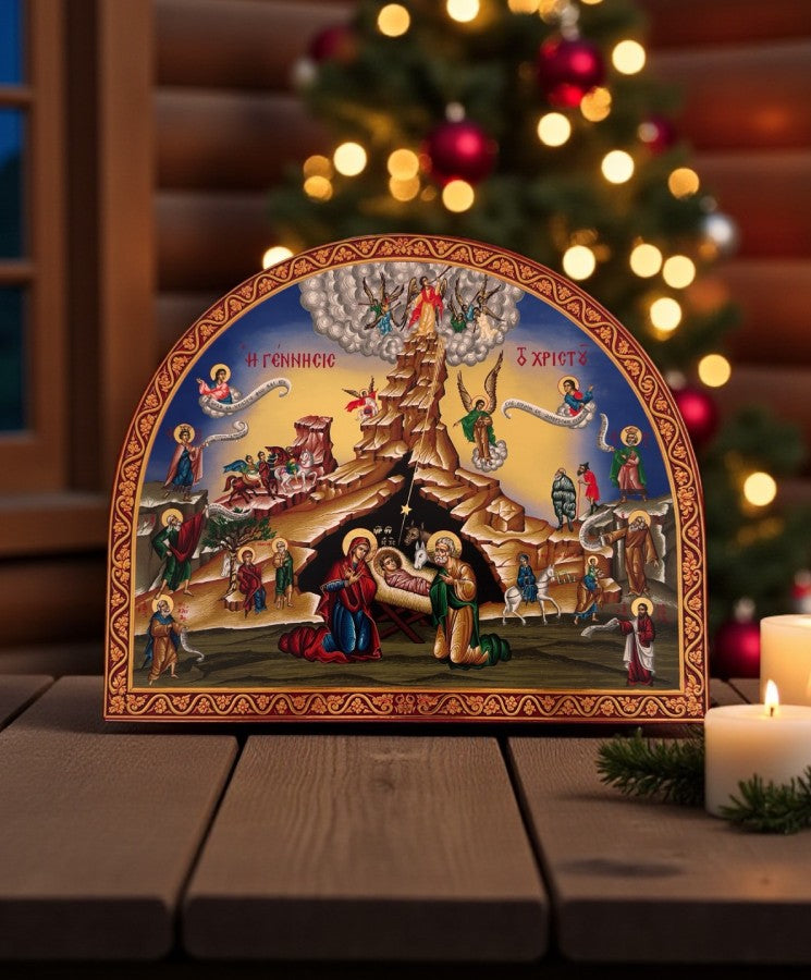 Η Γέννηση του Χριστού - Ξύλινη εικόνα λιθογραφίας με χρυσό φόντο